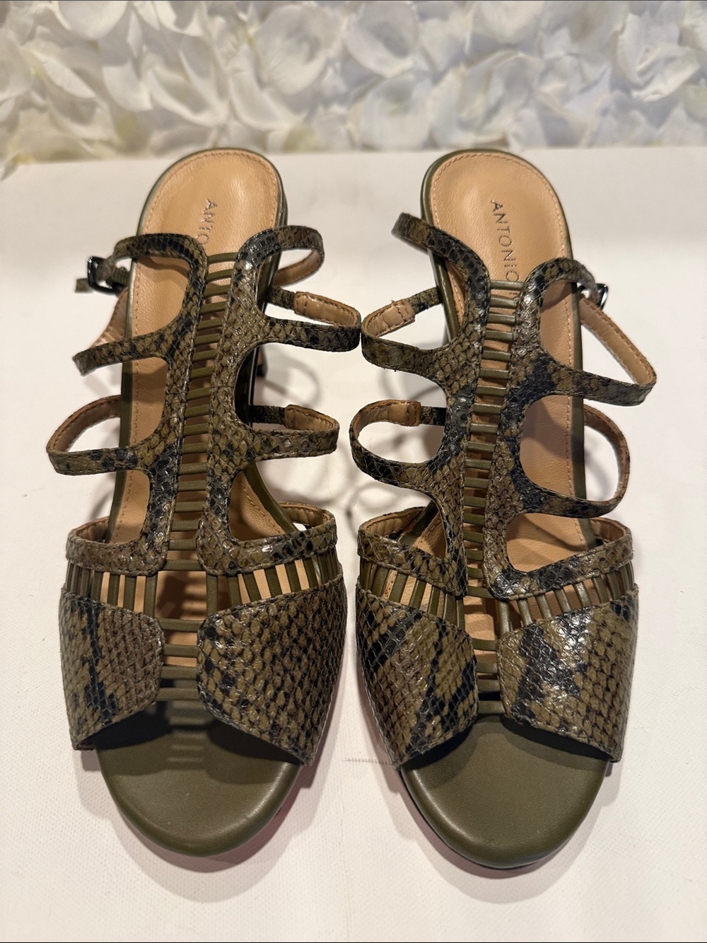 ANTONIO MELANI Olive Snake-Print Multi-Strap Heels